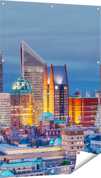 Gards Tuinposter Den Haag Skyline met Wolkenkrabbers - 80x120 cm - Tuindoek - Tuindecoratie - Wanddecoratie buiten - Tuinschilderij