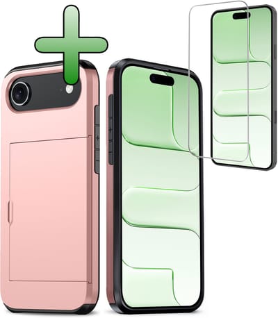 Hoes Geschikt voor iPhone Air Hoesje Hard Case Met Pas Houder Met Screenprotector - Hoesje Geschikt voor iPhone Air Hoes Shockproof Hard Cover Met Kaarthouder - Rosé goud