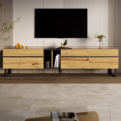 PHOEBE CAT TV-kast - Open plank - Dubbele deuren - Houtnerf - Natuurlijke