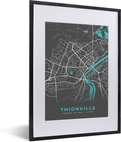 Fotolijst incl. Poster - Plattegrond - Kaart - Stadskaart - Frankrijk - Thionville - 30x40 cm - Posterlijst