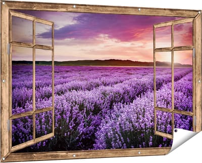 Gards Tuinposter Doorkijk Bloemenveld met Paarse Lavendel - Bloemen - 150x100 cm - Tuindoek - Tuindecoratie - Wanddecoratie buiten - Tuinschilderij