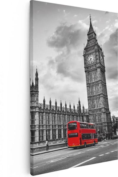 Artaza Canvas Schilderij Big Ben - 20x30 cm - Klein - Wanddecoratie Londen Skyline - Muurdecoratie Dubbeldekker Bus - Kamer Accessoires
