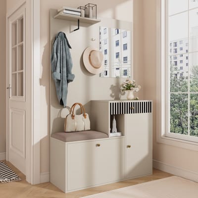 MODENUIT Garderobeset - Met Spiegel, Zitkussen En Schoenenkast Voor Hal - MDF - Beige En Crème - 110x37x185,5 Cm