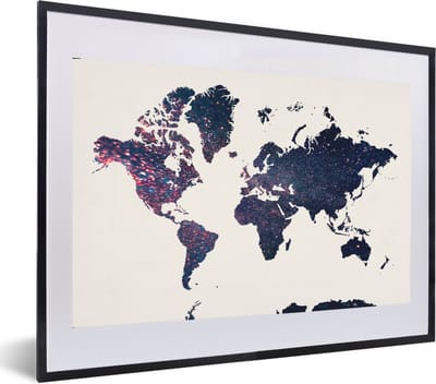 Poster in lijst - Fotolijst 60x40 cm - Posters - Wereldkaart - Blauw - Glitter - Posterlijst zwart - Decoratie - Wanddecoratie woonkamer - Muurdecoratie slaapkamer