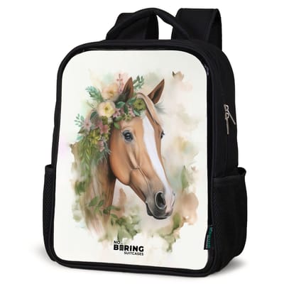 NoBoringSuitcases.com® - Rugzak zwart - Schooltas jongen & meisje - Paard - Aquarel - Bloemen - Beige - Rugtas voor school - Boekentas kind - Schoolrugzak - Kinderrugzak