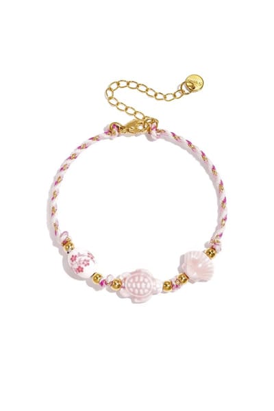 Armband met schildpad en schelp kralen en touwmotief Roze