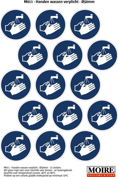 Pictogram sticker 75 stuks M011 - Handen wassen verplicht - 50 x 50mm - 15 stickers op 1 vel