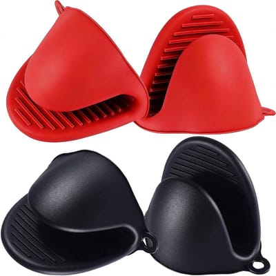 Thijox - 2 paar hittebestendige ovenwanten van siliconen, anti-slip bakhandschoenen, ovenhandschoenen voor koken, grillen en bakken in zwart en rood