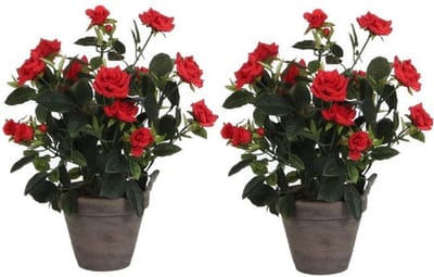 Mica Decorations Kunstplant - 2x - rozen - rood - in grijze pot - 33 cm