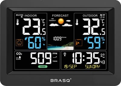BRASQ Draadloos Weerstation binnen en buiten met CO2 meter - Hygrometer - Met buitensensor tot 60 meter - Luchtvochtigheidsmeter - Thermometer - Barometer - inclusief batterijen