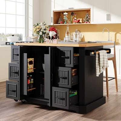 MODENUIT Keukeneiland - Verrijdbare Kast Met 2 Deuren En 6 Lades - Voor Keuken - MDF - Zwart - 120x45x91 Cm
