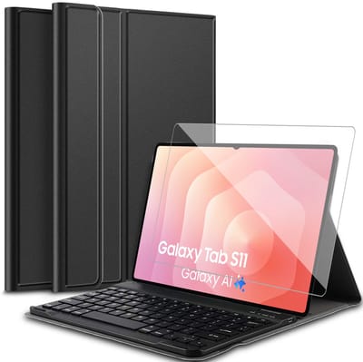 Hoes met toetsenbord geschikt voor Samsung Galaxy Tab S11 - Screen Protector GlassGuard - Keyboard Book Case Cover Hoesje Zwart & Screenprotector