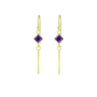 Joy|S - Zilveren zirkonia ruit oorbellen met bar (staaf) paars - gold plated