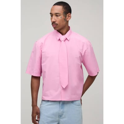 Oversized Boxy Shirt Met Halve Mouw En Stropdas | Pink | Size Medium