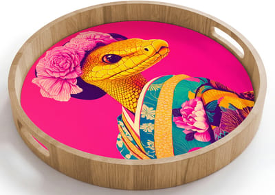 Dienblad rond 40x40 cm - Schootdienblad hout - Hagedis - Bloemen - Roze - Kimono - Borrelplank rechthoek - Plateau houten dienbladen