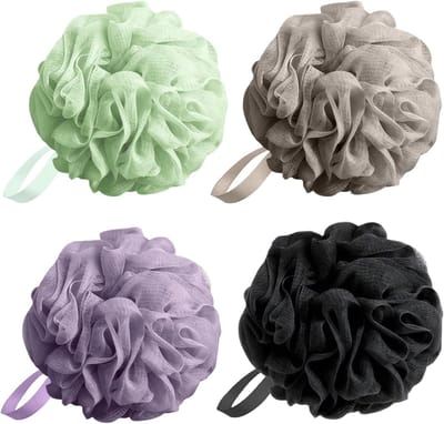 4 Stuks Bad Sponsen, 60 g Douche Loofah Ballen, Extra Grote Mesh Spons voor Lichaamsreiniging en Peeling, Ideaal voor Zachte Exfoliatie en Schuimvorming (Paars + Lichtgroen + Grijs)