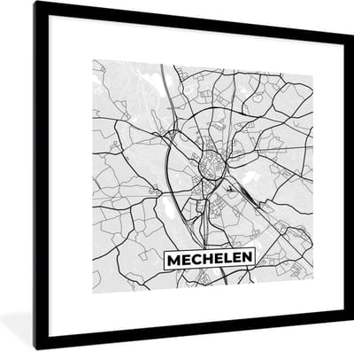 Fotolijst incl. Poster Zwart Wit- Stadskaart – Plattegrond – België – Zwart Wit – Mechelen – Kaart - 40x40 cm - Posterlijst