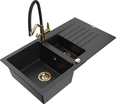 Mexen Matias granieten spoelbak 1,5-komor met afdruiprek en keukenmengkraan Duo, zwart/goud metallic - 6502-75-671701-57-G