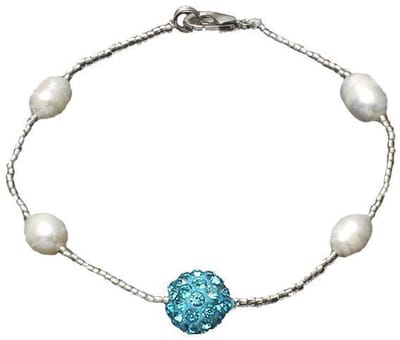 Zoetwater parel armband Pearl Stras Ball Aqua - echte parel - wit - blauw - zilver - stras steentjes - glitter - luxe sieraden zakje - parel armband dames - zoetwaterparel