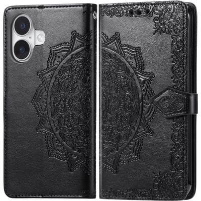 Comfycase iPhone 16 Mandala Booklet Hoesje Zwart