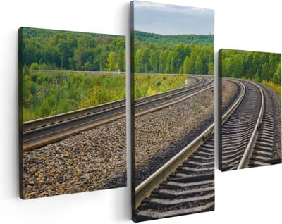 Artaza Canvas Schilderij Drieluik Rails Spoorwegen In Een Bocht - 90x60 - Foto Op Canvas - Canvas Print