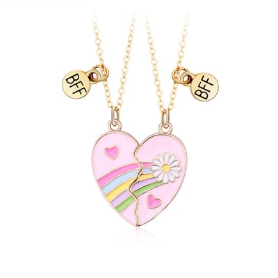 Bixorp Friends BFF Ketting voor 2 met Roze Hartje - Goudkleurig - Madeliefje & Regenboog - Magnetische Vriendschapsketting - Twee Helften Best Friends - Vriendschap Cadeau voor Twee