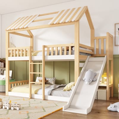 PHOEBE CAT Stapelbed - 90 x 200 cm - Huisvorm - Met glijbaan - Kinderbed - Wit + Naturel