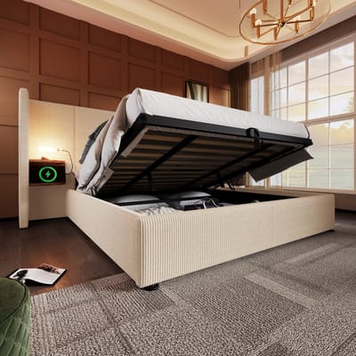 REDOM Opbergbed 180x200 cm – Corduroy – Hydraulisch – Leeslamp & USB/Type-C – Beige – 226 kg