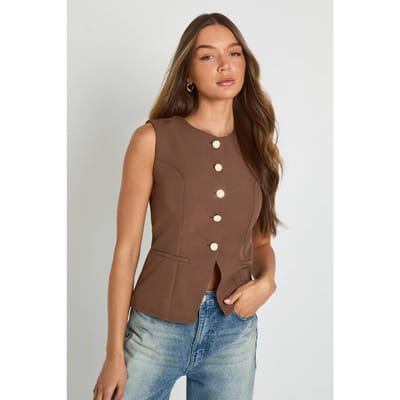 boohoo Gilet met knoopaccent detail op maat gemaakt | Taupe | Maat: 36