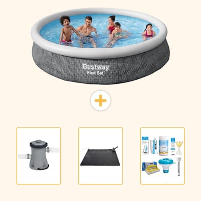 Bestway Rond Opblaasbaar Fast Set Zwembad - Rotanprint - 366 x 76 cm - Inclusief Pomp - Solar Mat - Onderhoudspakket - 4-delig