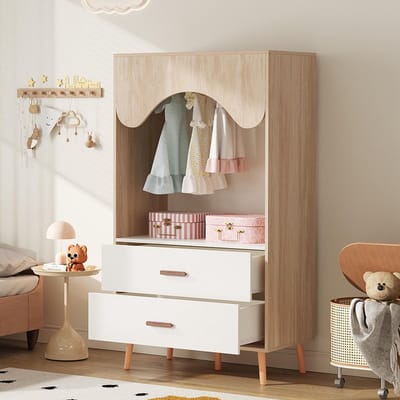 BLACKCOLORS Kinderkast, kast met kledingroede, met laden, open kast, handgrepen van massief hout, van spaanplaat, wit + naturel hout, 80 × 46 × 141,5 cm