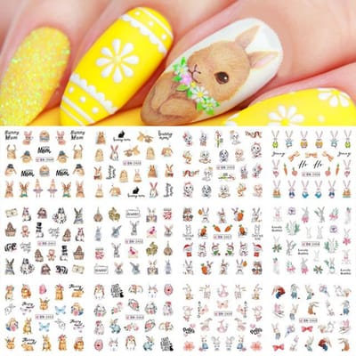 Konijn Nagel Water Decals Aquarel Cartoon Design Bloem Blad Lente Decals Folies DIY Accessoires Watermerk Sticker Decor BN2449-2460 yellow