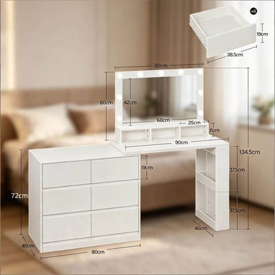 OKWISH Kaptafel Met Ladenkast - Verstelbare Led Spiegel - L Vorm Of Recht - 6 Laden - Wit - 160 x 134,5 x 40 cm