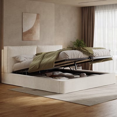 Tweepersoonsbed 180 x 200 cm - met lattenbodem en opbergruimte - gestoffeerd hoofdeinde - beige - corduroy - zonder matras