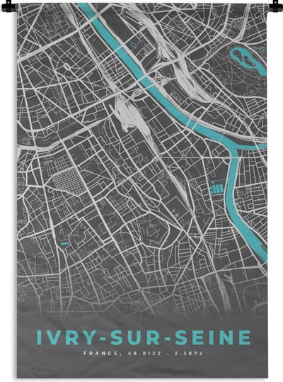 Wandkleed - Wanddoek - Frankrijk - Ivry-sur-Seine - Kaart - Plattegrond - Stadskaart - 120x180 cm - Wandtapijt