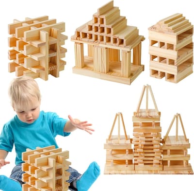 Houten Stapelblokken - Bouwstenen Kinderen - Creatief Bouwen - Zonder Verbindingen - 100 Stuks - Houtkleur
