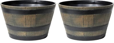 Mega Collections Plantenpot/bloempot - 2x - kunststof - bruin - houtmotief - D33 x H21 cm