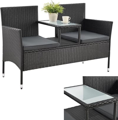 2-zits polyrotan tuinbank met tafel en kussens - Weerbestendig en stijlvol voor tuin en balkon