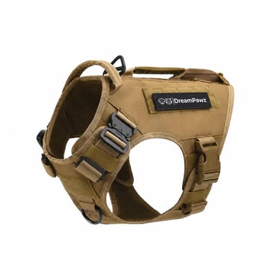 DreamPawz - Tactical Hondentuigje met Pockets - K9 Hondenharnas - 2 Ritsen Zijde - 1 Airtag Pocket - Anti-Trek - Extra Controle - Verstelbaar - Bruin - M