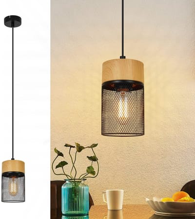 NETTLIFE Hanglamp Hout - E27 Fitting - rond - Zwart - Vintage Eettafellamp - Houtnerf Eetkamerlamp - voor Keuken | Woonkamer | Slaapkamer | Bar | Hal - MAX.40W-excl. lichtbron