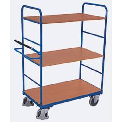 Etagewagen, staal/MDF-plaat, decor gentiaanblauw/beuken, 3 etages, 1000 x 600 mm, met dodemansrem, tot 500 kg
