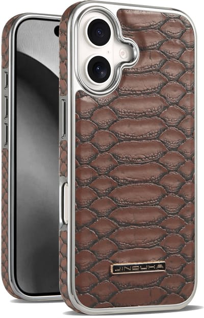 Stravo × JINDUKA Luxe Slangenleren Hoes voor iPhone 16 | DonkerbruinSchokabsorberend · Antislip · Vingerafdrukvrij
