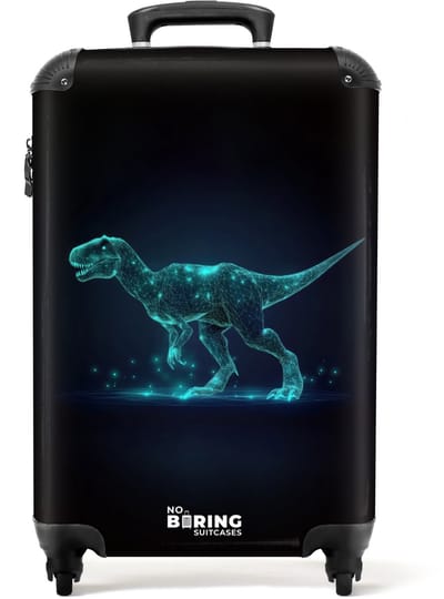 NoBoringSuitcases.com® - Kinderkoffer jongen - Kindertrolley jongens - Digitale T-Rex in blauw lichtveld - Handbagage koffer lichtgewicht - Reiskoffer trolley kinderen - Rolkoffer met wieltjes - Past binnen 55x40x20 en 55x35x25