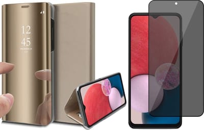Hoesje geschikt voor Samsung Galaxy A13 4G - Book Case Spiegel Wallet Cover Hoes Goud - Tempered Glass Privacy Screenprotector