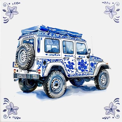 Delfts blauw tegeltje Jeep achterkant - delfts blauw wandbord - delftsblauw - hollandse cadeautjes - wanddecoratie - decoratieve accessoires