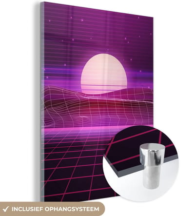 MuchoWow® Glasschilderij 30x40 cm - Schilderij acrylglas - Gaming - Neon - Retro - Paars - Zon - Gamen - Foto op glas - Schilderijen