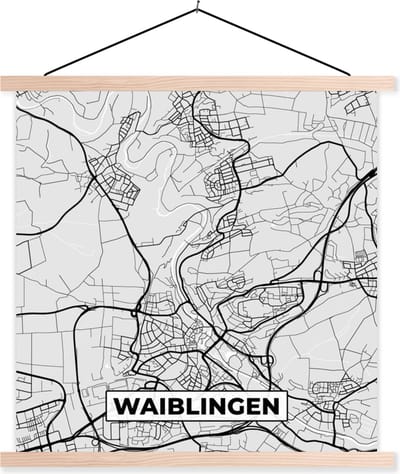 Posterhanger incl. Poster 40x40 cm - Schoolplaat - Kaart - Waiblingen - Duitsland - Stadskaart - Plattegrond - Textielposter - Blanke latten - Stadskaart
