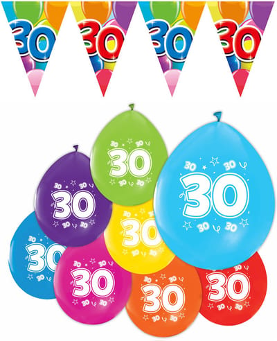 Feestpakket 30 jaar / 8 ballonnen en 1 vlaggenlijn 10 meter - Versiering Slinger Feestdecoratie Decoratie Verjaardag Jubileum Ballon Feest