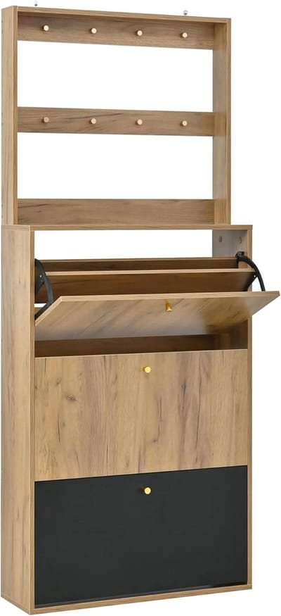 Moderne schoenenkast met haken, 3 opvouwbare opbergvakken, naturel + zwart, 75x24x180 cm.