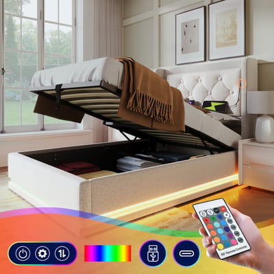 Gestoffeerd eenpersoonsbed 90*200 cm, beige katoen, hydraulisch opbergbed, gewatteerd hoofdeinde met USB Type-C oplaadfunctie, 3-zijdige LED-verlichting (matras niet inbegrepen)